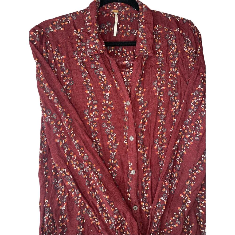 Free People Women's Floral Button Front Ruffle Trim Pintuck Shirt Dress Red Sz M